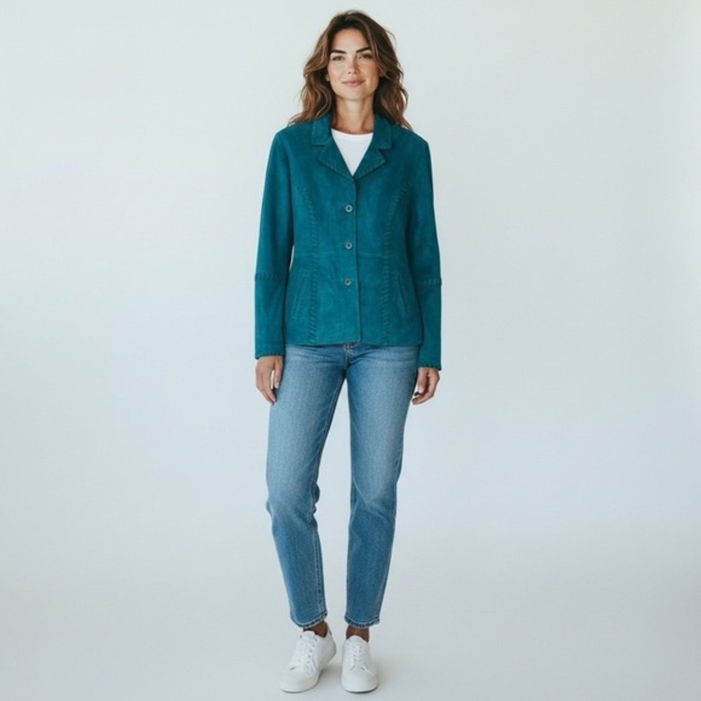 Nancy Bolen City Girl Teal‎ Suede Leather Blazer Jacket Women Size S - Picture 3 of 8